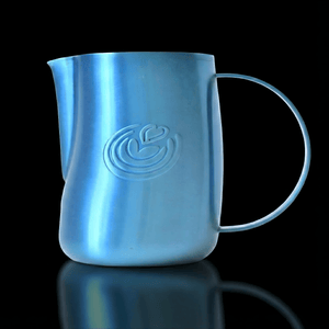 EVO 2.0 Curved Latte Art Pitcher - Matte Blue - on a black background