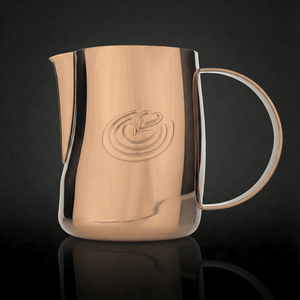 EVO 2.0 Curved Latte Art Pitcher - Mirror Rose Gold - on a black background
