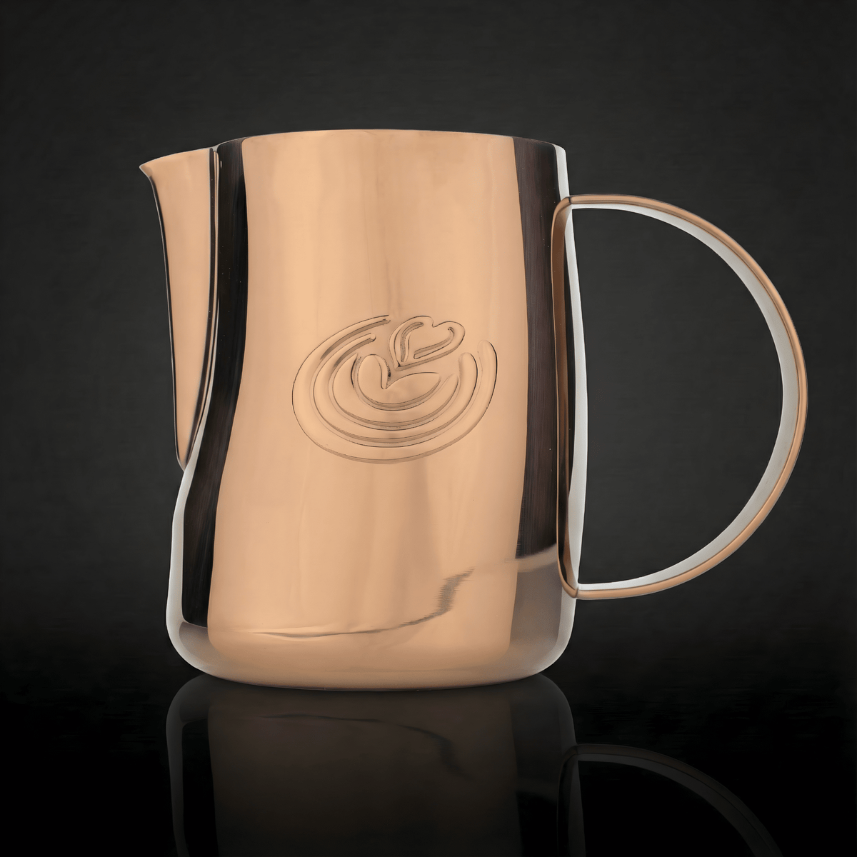 EVO 2.0 Curved Latte Art Pitcher - Mirror Rose Gold - on a black background