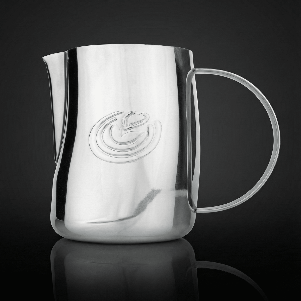 EVO 2.0 Curved Latte Art Pitcher - Mirror Silver - on a black background