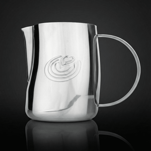 EVO 2.0 Curved Latte Art Pitcher - Mirror Silver - on a black background