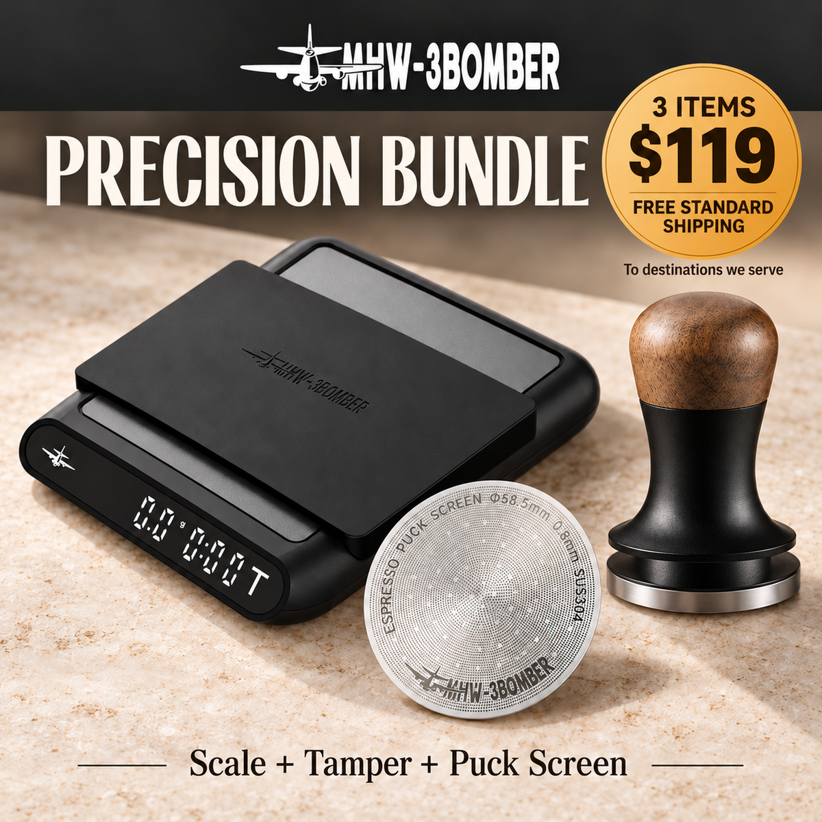 MHW-3BOMBER Precision Bundle: Formula Scale, Flash Tamper 2.0 and 58.5mm puck screen, $119 with standard shipping to destinations we serve